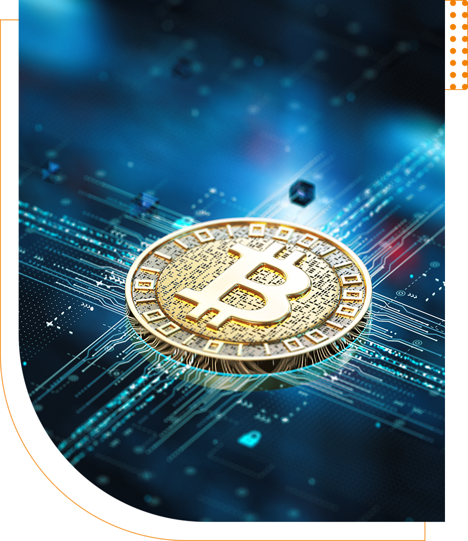 A digital representation of a Bitcoin hovering over a futuristic circuit board background, symbolizing blockchain technology.