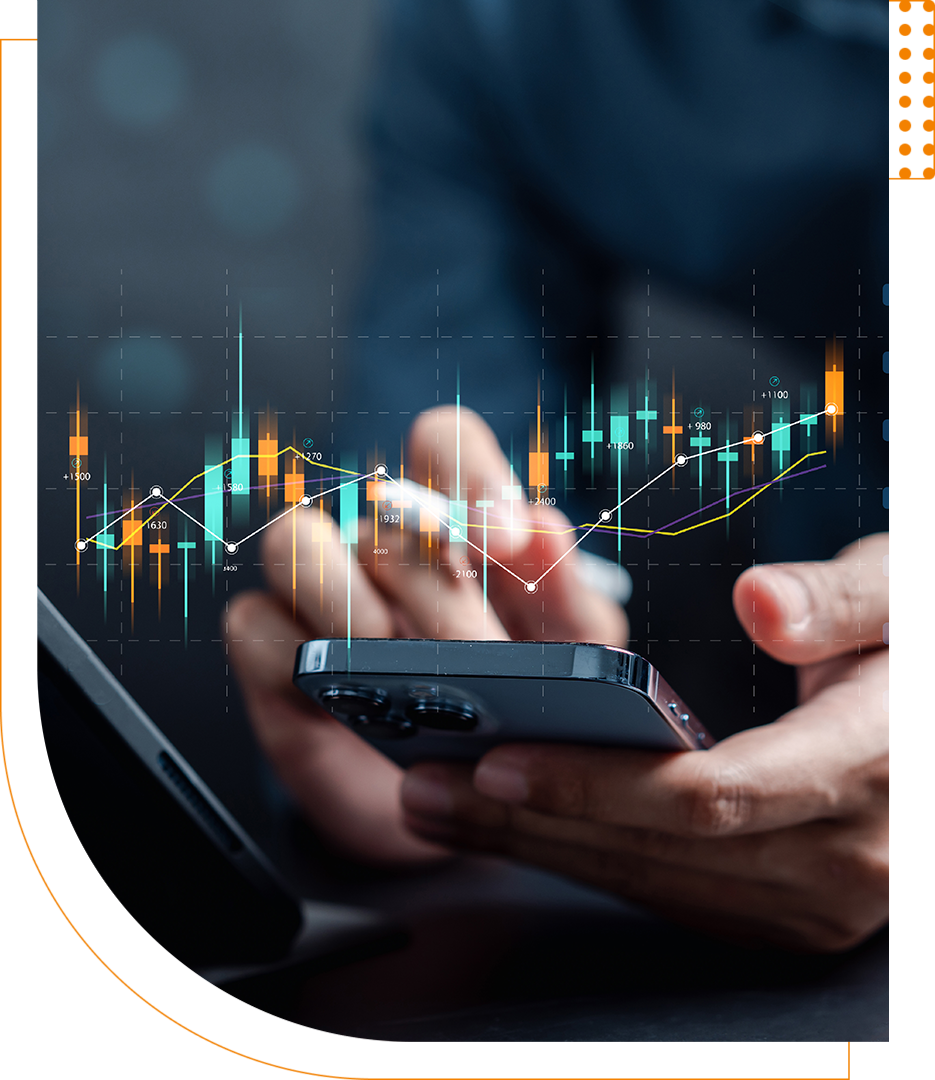 Person using a smartphone and stylus to analyze a digital financial graph on a screen.