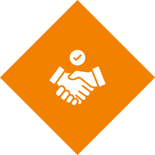 Two hands shaking with a check mark above, inside an orange diamond shape.
