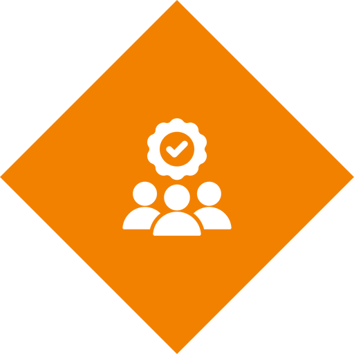 Three white silhouettes of people with a gear symbol and check mark above them, placed on an orange diamond-shaped background.