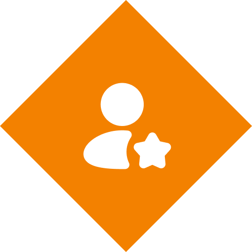 Orange diamond icon with a white silhouette of a person and a star in the lower right corner.