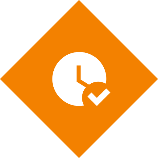 Orange diamond icon with a white clock and a checkmark.