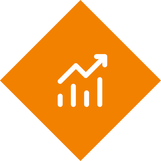 Icon of a white upward trending graph with bars and an arrow on an orange diamond-shaped background.