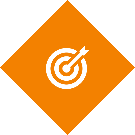 Bullseye icon in white on an orange diamond background, featuring an arrow hitting the center of a target.