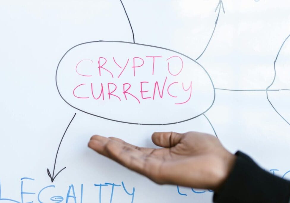 Cryptocurrency brainstorming on whiteboard discussion