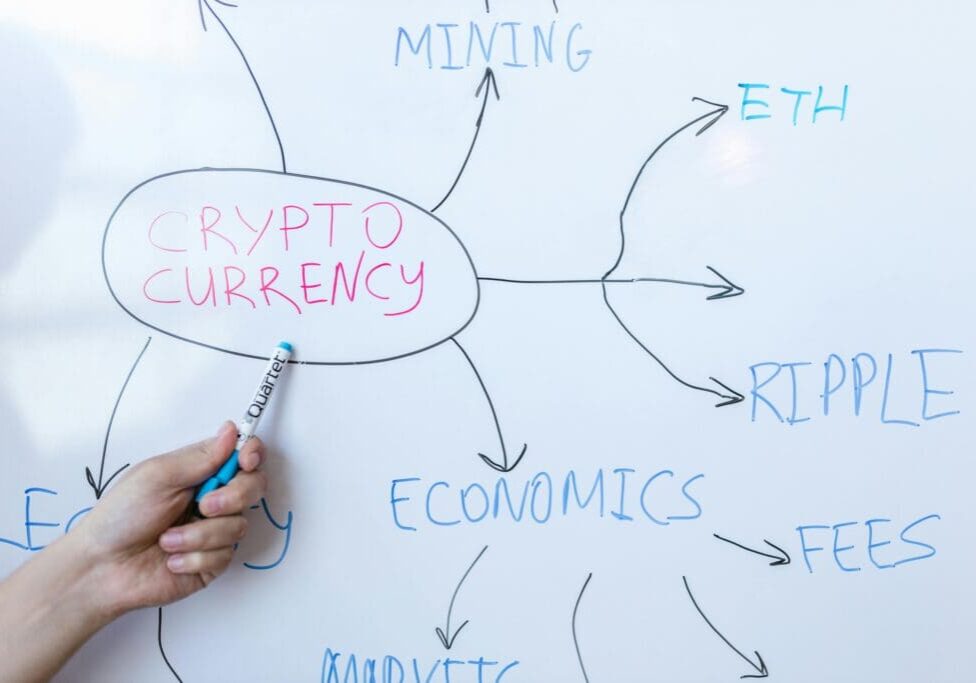 Cryptocurrency concept on whiteboard with arrows